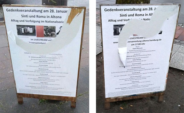 Zerstörte Plakate für die Gedenkveranstaltung 'Alltag und Verfolgung im Nationalsozialismus' 